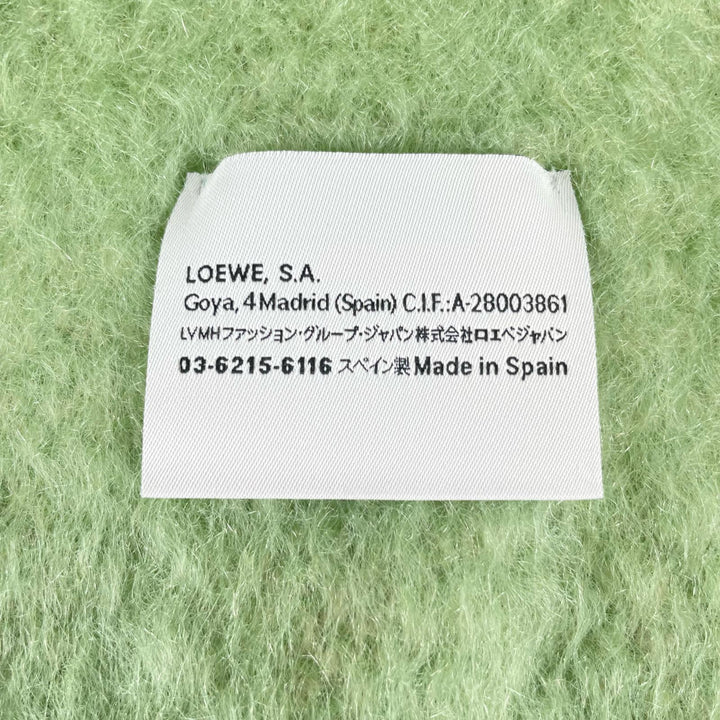 極美品▲LOEWE ロエベ モヘア ウール アナグラム レザーパッチ フリンジ マフラー グリーン スペイン製 正規品 レディース