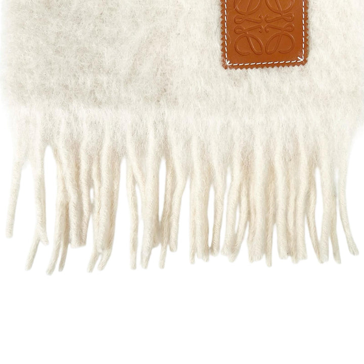 極美品▲LOEWE ロエベ モヘア ウール アナグラム レザーパッチ フリンジ マフラー アイボリー スペイン製 正規品 レディース
