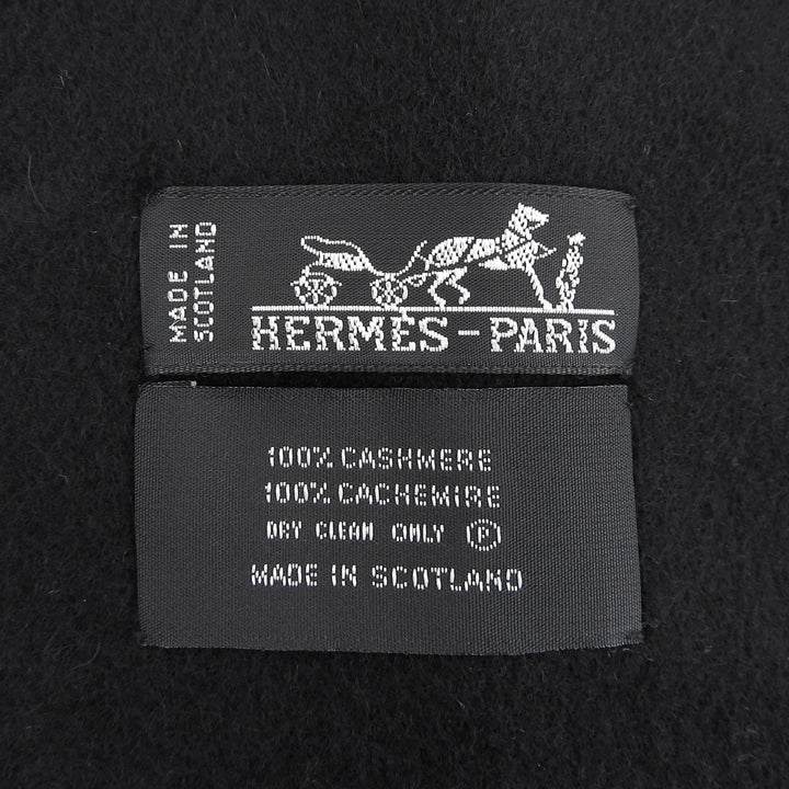 極美品▲HERMES エルメス カシミヤ100% ロゴ刺繍 フリンジ付き 大判 ショール マフラー ブラック スコットランド製 メンズ レディース