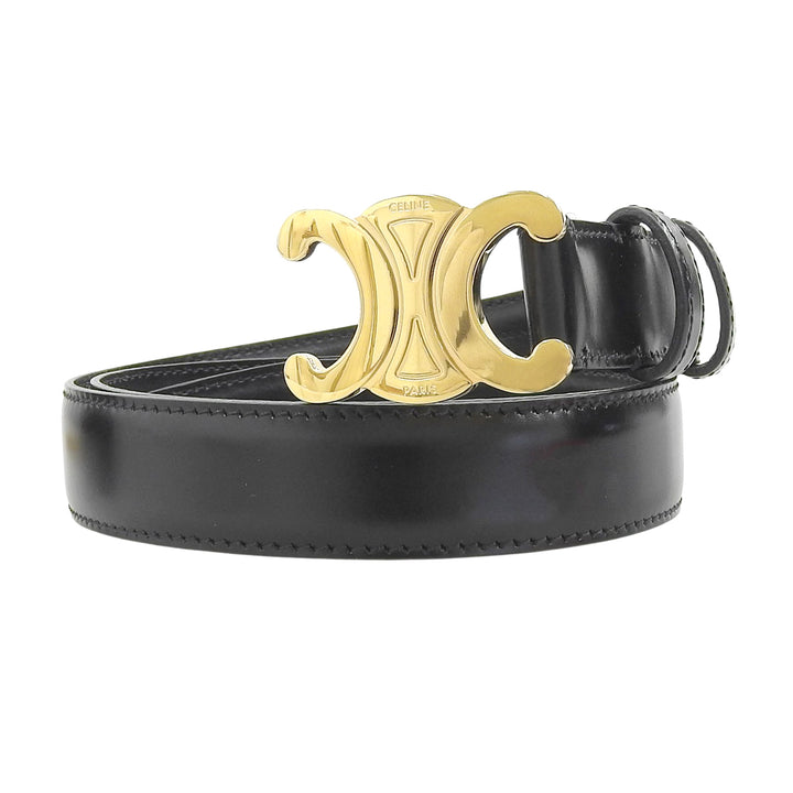 美品▲CELINE セリーヌ 45AK93A01 38NO ミディアム トリンオフ レザー ベルト ブラック ゴールド金具 80 イタリア製 箱・保存袋付き