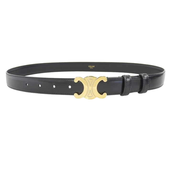 美品▲CELINE セリーヌ 45AK93A01 38NO ミディアム トリンオフ レザー ベルト ブラック ゴールド金具 80 イタリア製 箱・保存袋付き