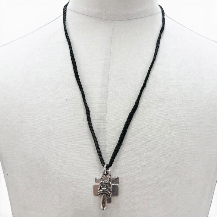 美品▼CHROME HEARTS クロムハーツ 925 中期モデル スリートリンケッツ レザーブレード スクロール ネックレス シルバー 重量35.8g 袋付