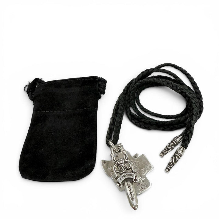 美品▼CHROME HEARTS クロムハーツ 925 中期モデル スリートリンケッツ レザーブレード スクロール ネックレス シルバー 重量35.8g 袋付