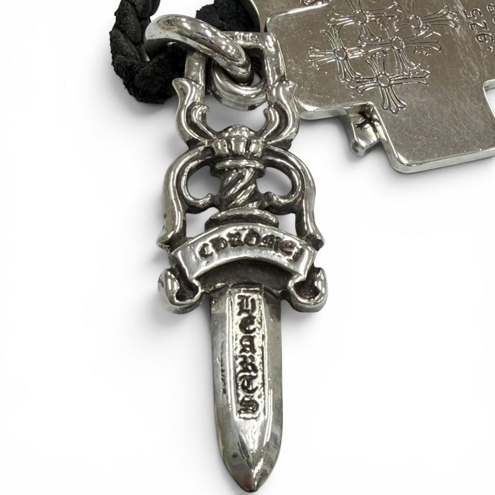 美品▼CHROME HEARTS クロムハーツ 925 中期モデル スリートリンケッツ レザーブレード スクロール ネックレス シルバー 重量35.8g 袋付