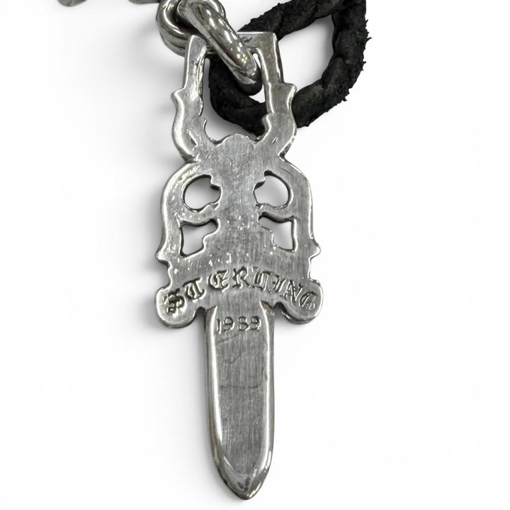 美品▼CHROME HEARTS クロムハーツ 925 中期モデル スリートリンケッツ レザーブレード スクロール ネックレス シルバー 重量35.8g 袋付