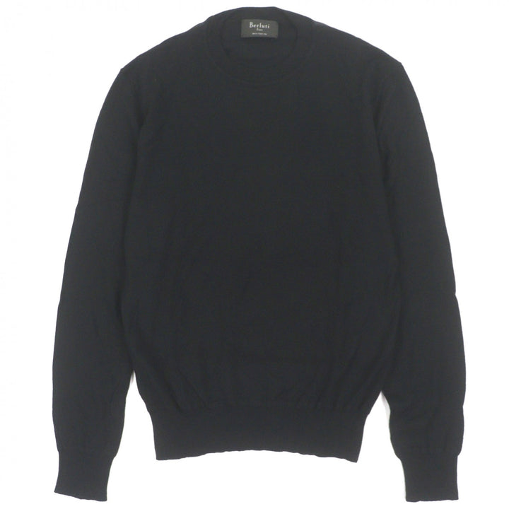 美品▼Berluti ベルルッティ カシミヤ シルク レザーパイピング クルーネック ロングスリーブ 薄手 ハイゲージニットセーター A46 正規品