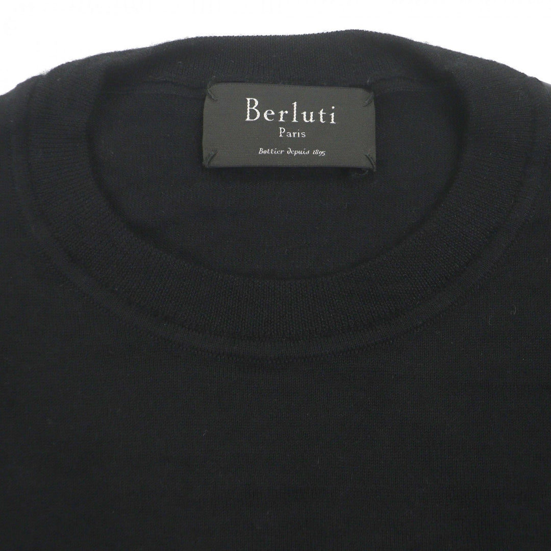 美品▼Berluti ベルルッティ カシミヤ シルク レザーパイピング クルーネック ロングスリーブ 薄手 ハイゲージニットセーター A46 正規品