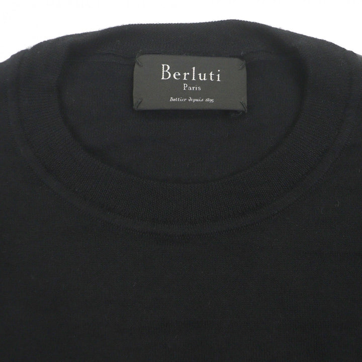 美品▼Berluti ベルルッティ カシミヤ シルク レザーパイピング クルーネック ロングスリーブ 薄手 ハイゲージニットセーター A46 正規品