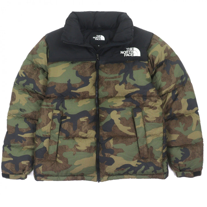 極美品▼ザ・ノースフェイス ND92336 Novelty Nuptse Jacket カモフラ柄 フード入 ロゴ刺繍 ポケッタブル仕様 ダウンジャケット M 正規品