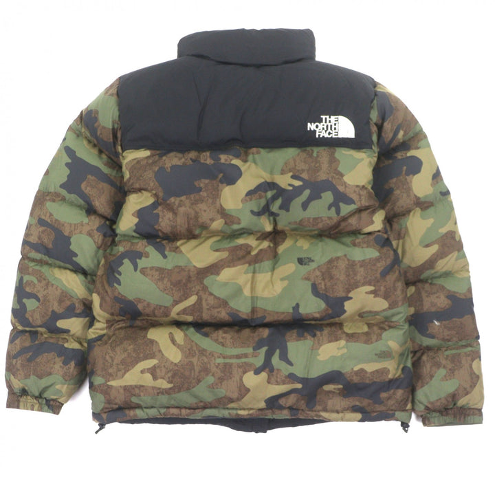 極美品▼ザ・ノースフェイス ND92336 Novelty Nuptse Jacket カモフラ柄 フード入 ロゴ刺繍 ポケッタブル仕様 ダウンジャケット M 正規品