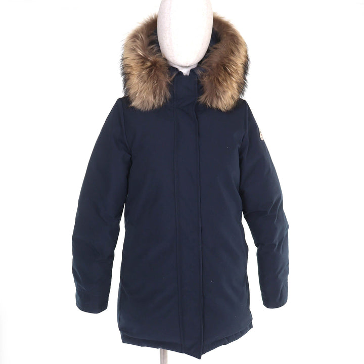 美品△Pyrenex ピレネックス BORDEAUX FUR ボルドー ロゴワッペン ラクーンファー フード付き ダブルジップ ダウンジャケット 38 正規品