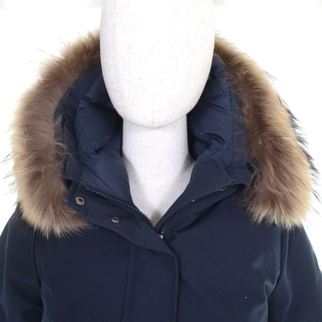 美品△Pyrenex ピレネックス BORDEAUX FUR ボルドー ロゴワッペン ラクーンファー フード付き ダブルジップ ダウンジャケット 38 正規品