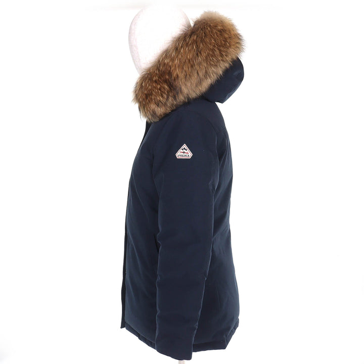 美品△Pyrenex ピレネックス BORDEAUX FUR ボルドー ロゴワッペン ラクーンファー フード付き ダブルジップ ダウンジャケット 38 正規品