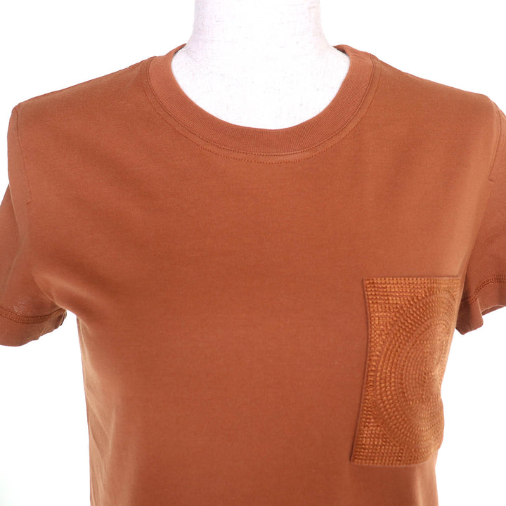 極美品△HERMES エルメス 3H4508DL コットン100％ H刺繍ポケット クルーネック 半袖 ワンピース ブラウン 34 イタリア製 レディース