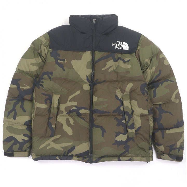 極美品□ザ・ノースフェイス ND91842 Novelty Nuptse Jacket カモフラ柄 フード入り ポケッタブル ダウンジャケット カーキ L 正規品