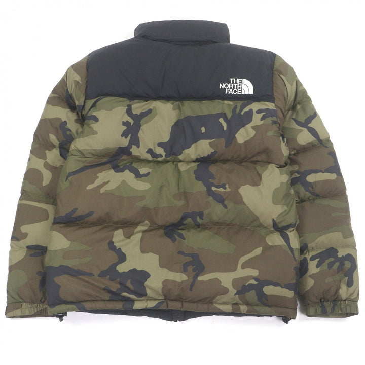 極美品□ザ・ノースフェイス ND91842 Novelty Nuptse Jacket カモフラ柄 フード入り ポケッタブル ダウンジャケット カーキ L 正規品