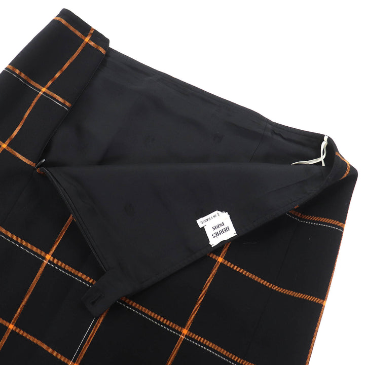 極美品△HERMES エルメス ウール チェック柄 台形スカート ミニスカート ブラック オレンジ 40 フランス製 レディース