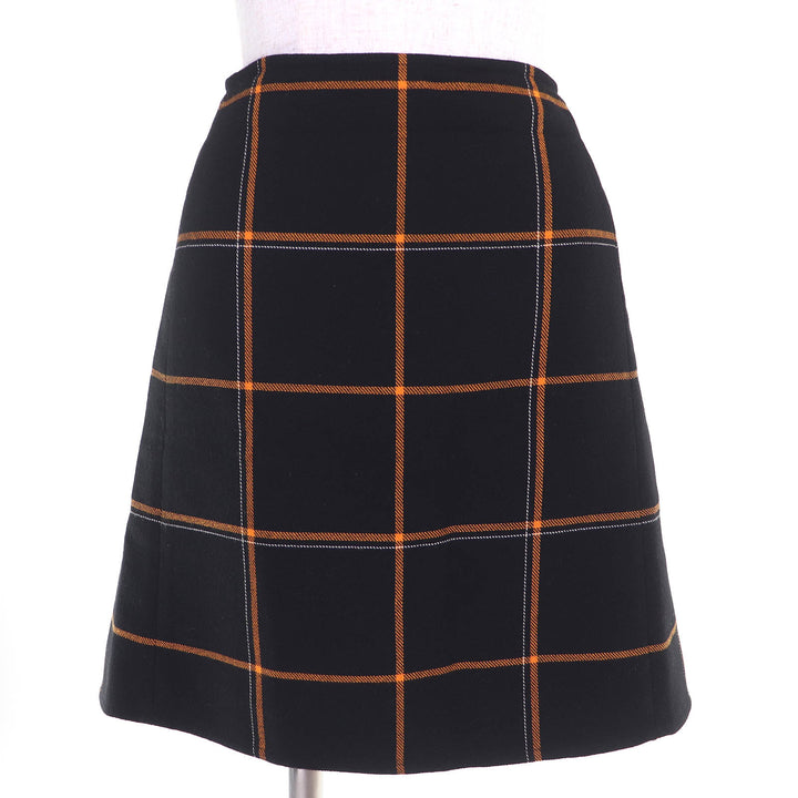 極美品△HERMES エルメス ウール チェック柄 台形スカート ミニスカート ブラック オレンジ 40 フランス製 レディース
