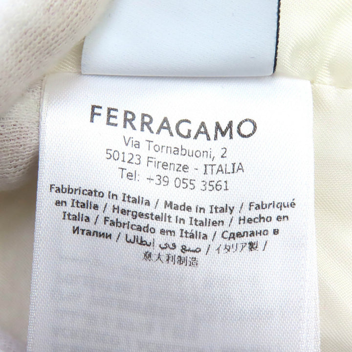 極美品△FERRAGAMO フェラガモ 0763654 ロゴボタン サテン切替 ウール ツイードジャケット ホワイト 40 ハンガー付き 正規品 レディース