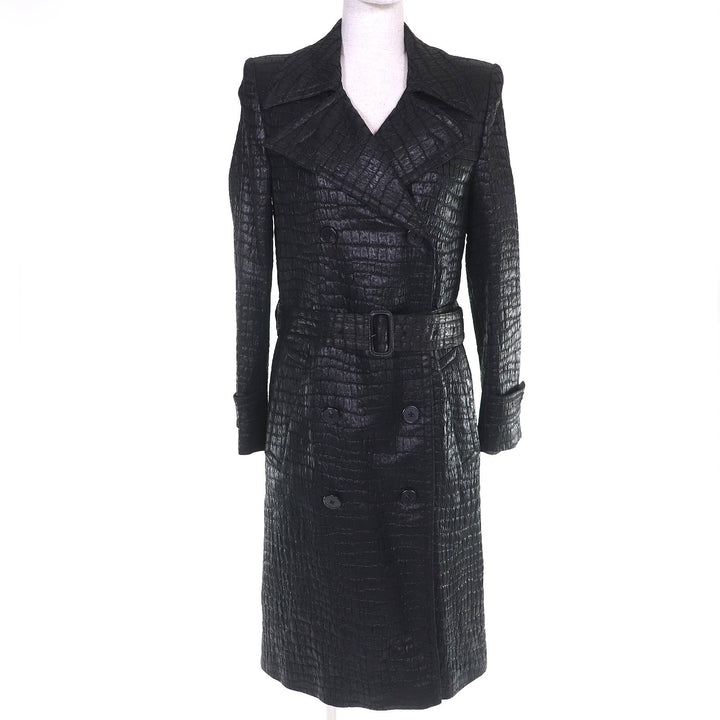 極美品△DRIES VAN NOTEN ドリスヴァンノッテン 1025678 クロコ型押し ロング トレンチコート ブラック 36 正規品 レディース オススメ◎