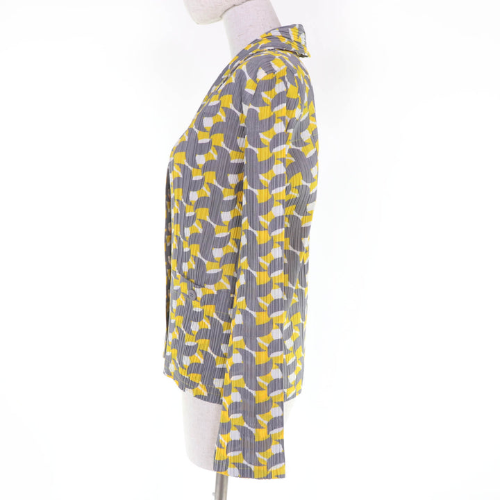 極美品☆PLEATS PLEASE プリーツプリーズ イッセイミヤケ PP11-JD413 総柄デザイン ジャケット イエロー 3 日本製 正規品 レディース