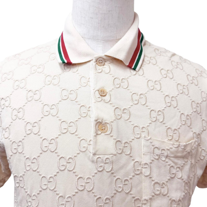 美品□GUCCI グッチ 753572 ウェブストライプ GGコットンピケ 半袖ポロシャツ カットソー アイボリー XS イタリア製 正規品 メンズ