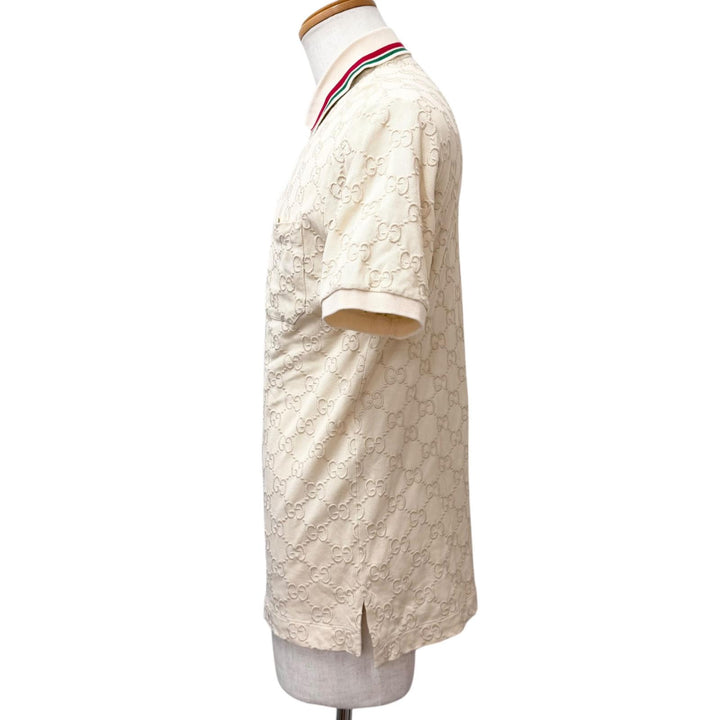 美品□GUCCI グッチ 753572 ウェブストライプ GGコットンピケ 半袖ポロシャツ カットソー アイボリー XS イタリア製 正規品 メンズ