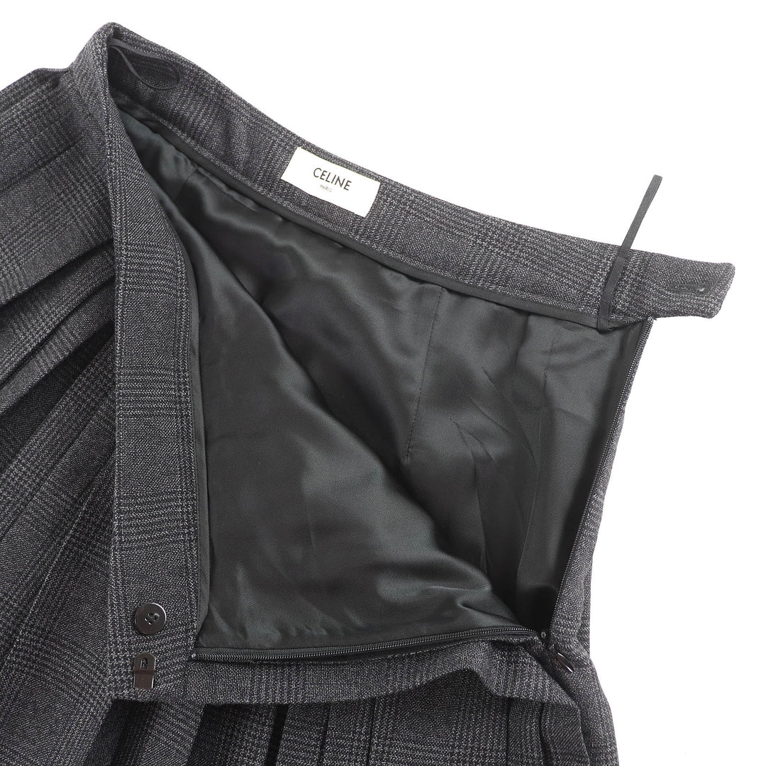 極美品△CELINE セリーヌ 2J066213F ウール100％ グレンチェック ミニ プリーツスカート グレー 34 イタリア製 正規品 レディース