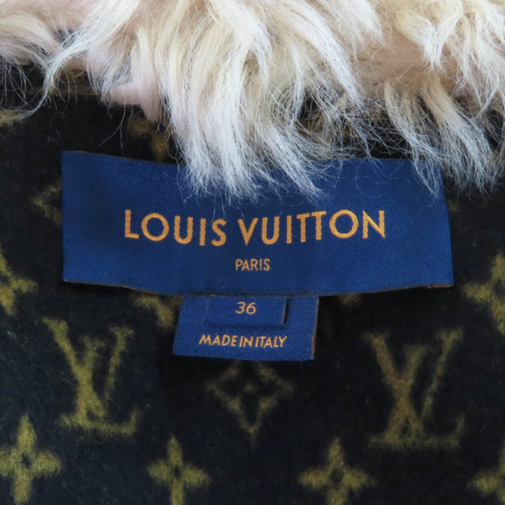 極美品★LOUIS VUITTON ルイヴィトン ウール シルク混 襟元ラムファー モノグラム ダブルフェイス ベルテッドコート 36 正規品