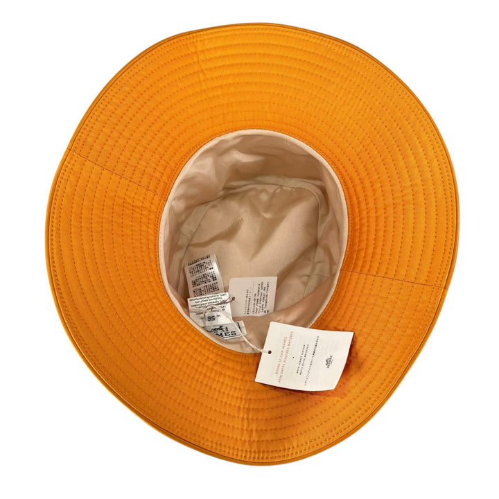 未使用品▲HERMES エルメス Hロゴ刺繍 レザートリム バケットハット 帽子 オレンジ 56 フランス製 正規品 レディース