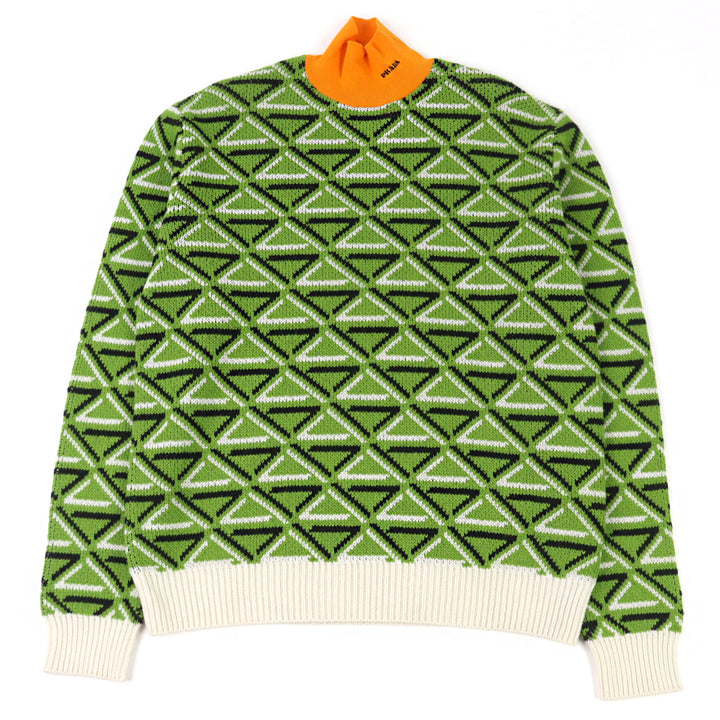 極美品○PRADA プラダ 2022年製 UMR536 バージンウール カシミア29% ロゴ刺繡 ハイネック ニット トライアングル柄 48 正規品 メンズ