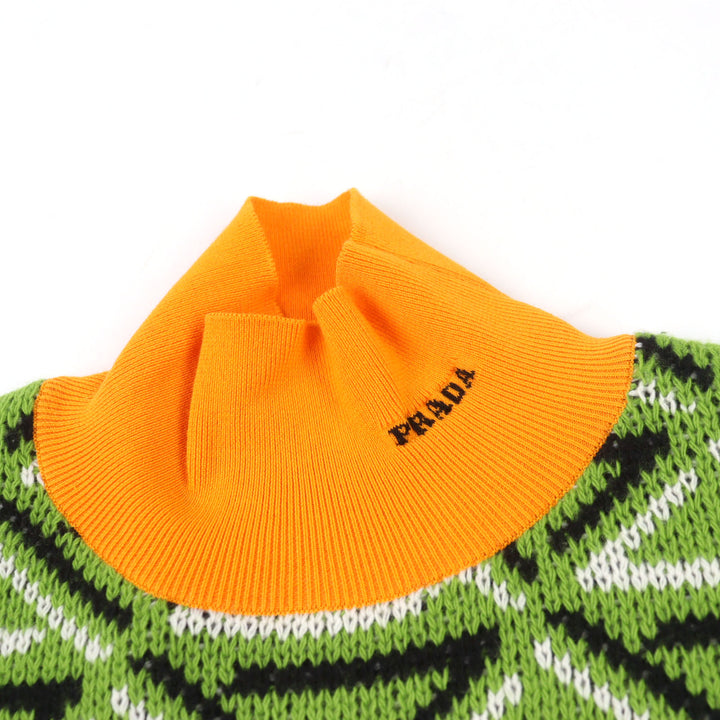 極美品○PRADA プラダ 2022年製 UMR536 バージンウール カシミア29% ロゴ刺繡 ハイネック ニット トライアングル柄 48 正規品 メンズ