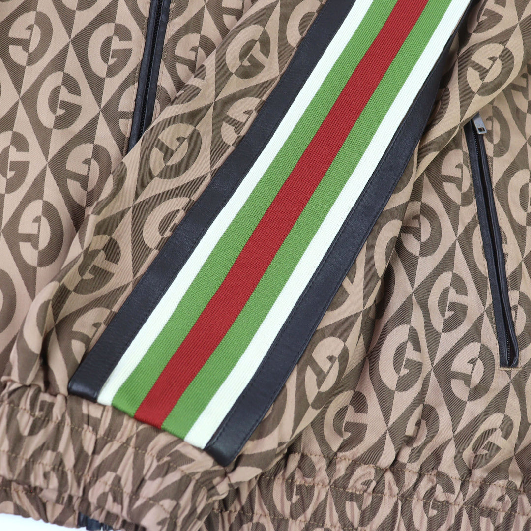 美品○GUCCI グッチ 587358 Gランバス サイドライン レザー使い トラックジャケット ブラウン系 S イタリア製 正規品 メンズ