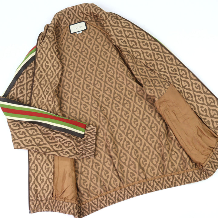 美品○GUCCI グッチ 587358 Gランバス サイドライン レザー使い トラックジャケット ブラウン系 S イタリア製 正規品 メンズ