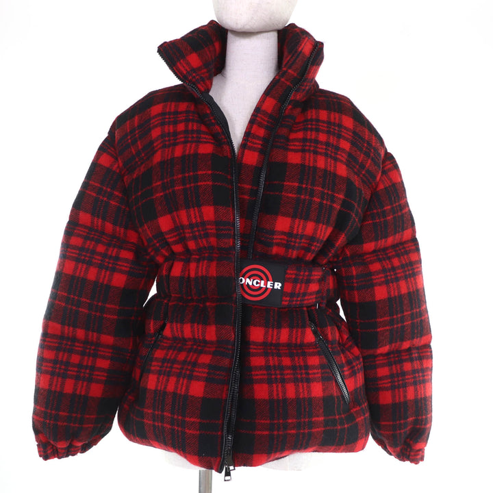 極美品☆MONCLER モンクレール 19-20AW DANUBE ウール100％ フード付 チェック柄 ダウンジャケット レッド ブラック 0 正規品 レディース