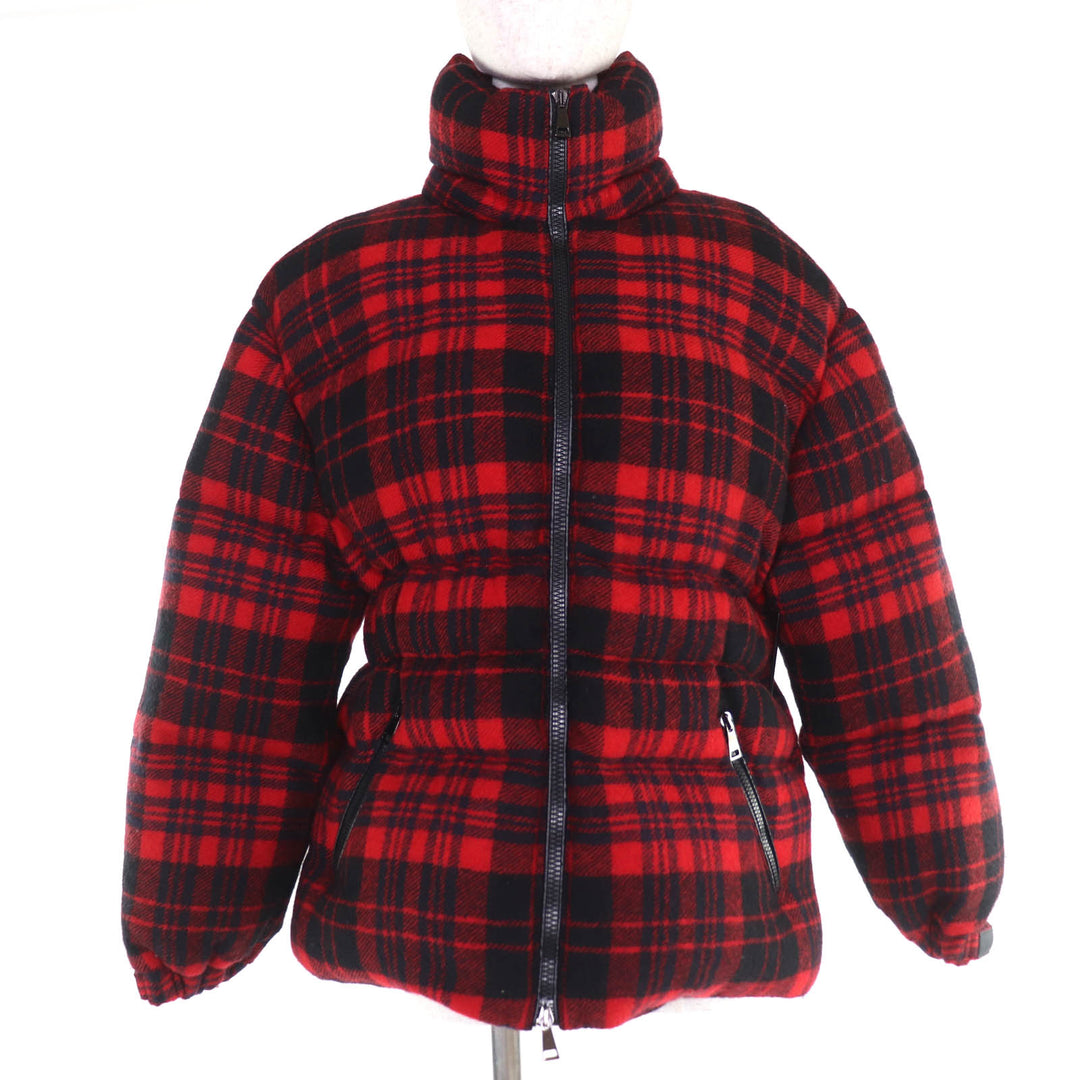 極美品☆MONCLER モンクレール 19-20AW DANUBE ウール100％ フード付 チェック柄 ダウンジャケット レッド ブラック 0 正規品 レディース