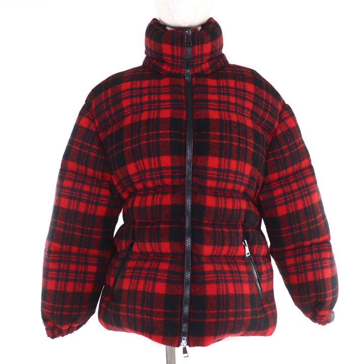 極美品☆MONCLER モンクレール 19-20AW DANUBE ウール100％ フード付 チェック柄 ダウンジャケット レッド ブラック 0 正規品 レディース