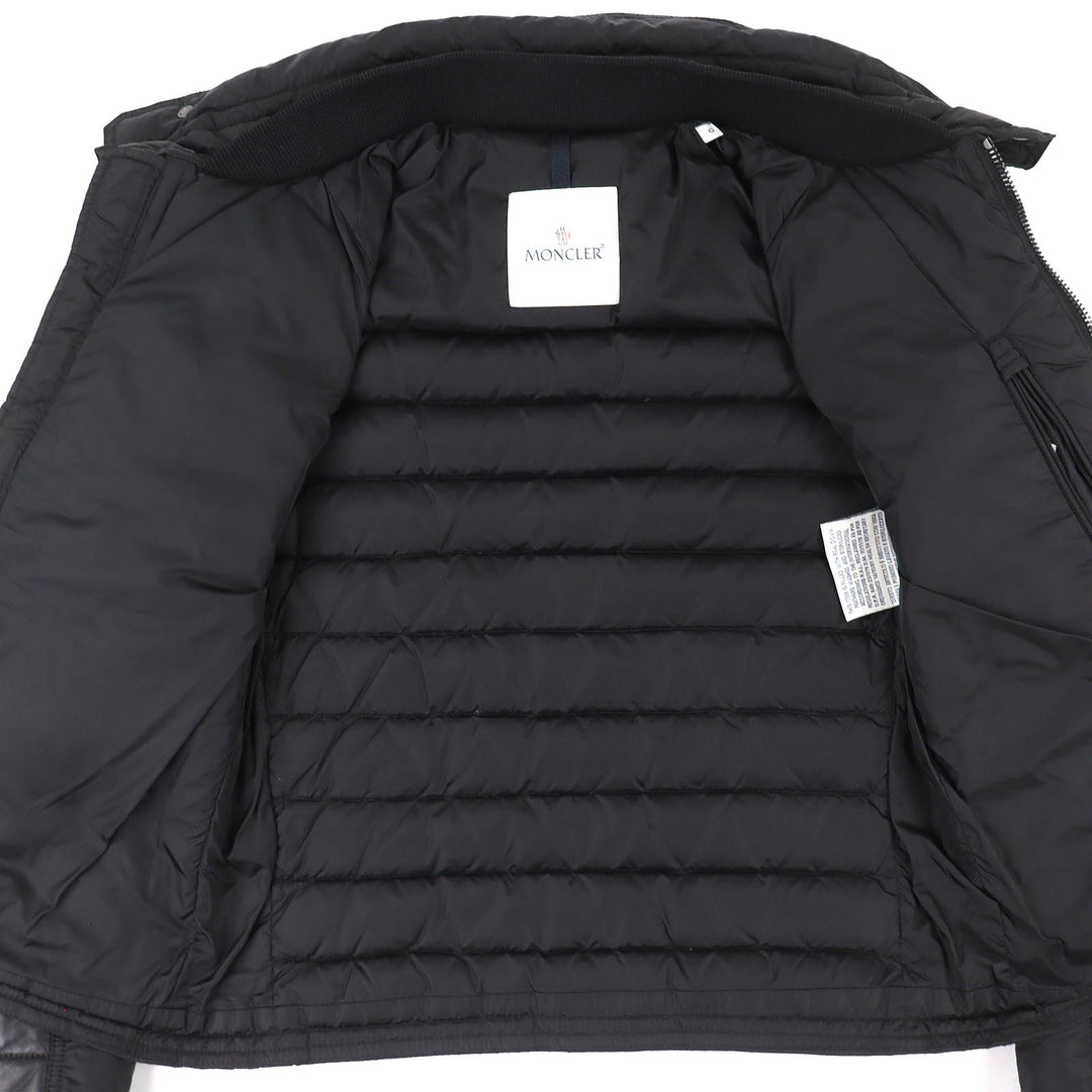 美品△MONCLER モンクレール DIMITRI ロゴワッペン ラムレザー切り替え スタンドカラー ライダース ダウンジャケット 黒 0 正規品 メンズ