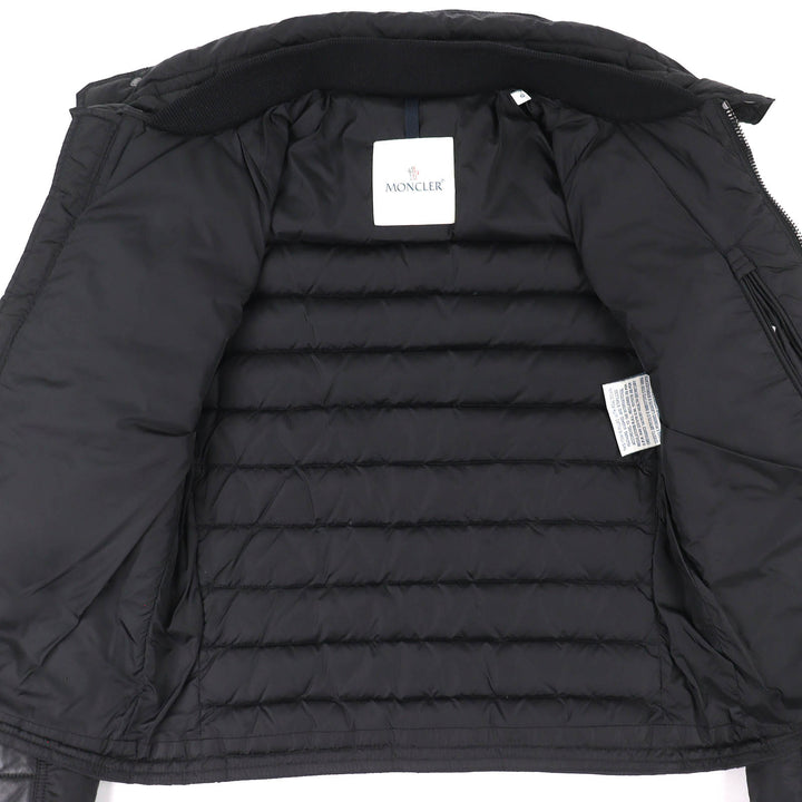 美品△MONCLER モンクレール DIMITRI ロゴワッペン ラムレザー切り替え スタンドカラー ライダース ダウンジャケット 黒 0 正規品 メンズ