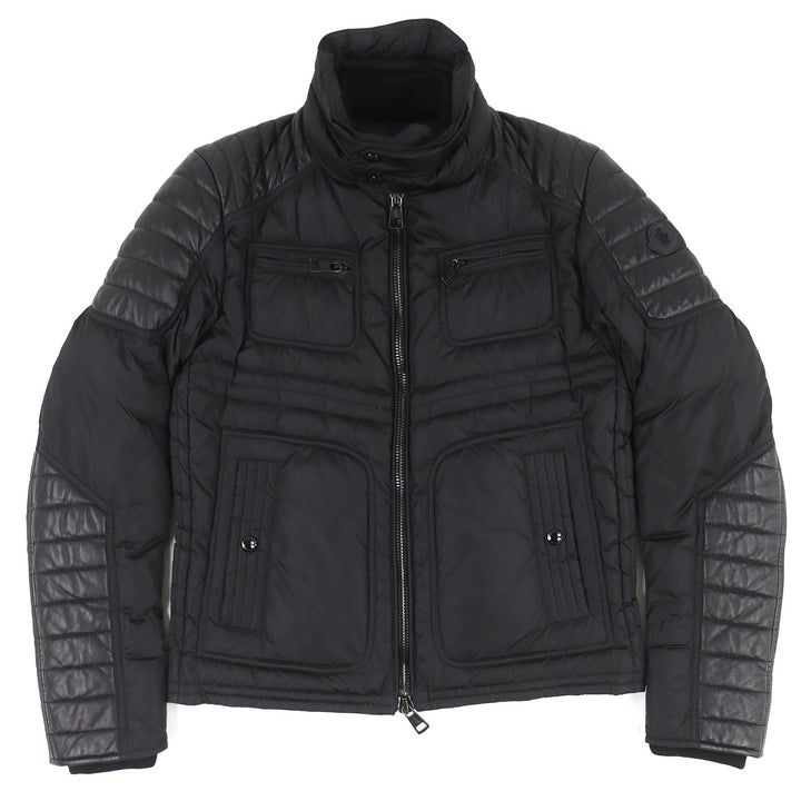 美品△MONCLER モンクレール DIMITRI ロゴワッペン ラムレザー切り替え スタンドカラー ライダース ダウンジャケット 黒 0 正規品 メンズ