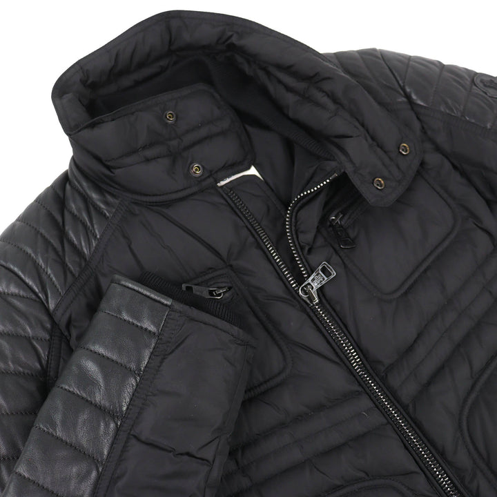 美品△MONCLER モンクレール DIMITRI ロゴワッペン ラムレザー切り替え スタンドカラー ライダース ダウンジャケット 黒 0 正規品 メンズ