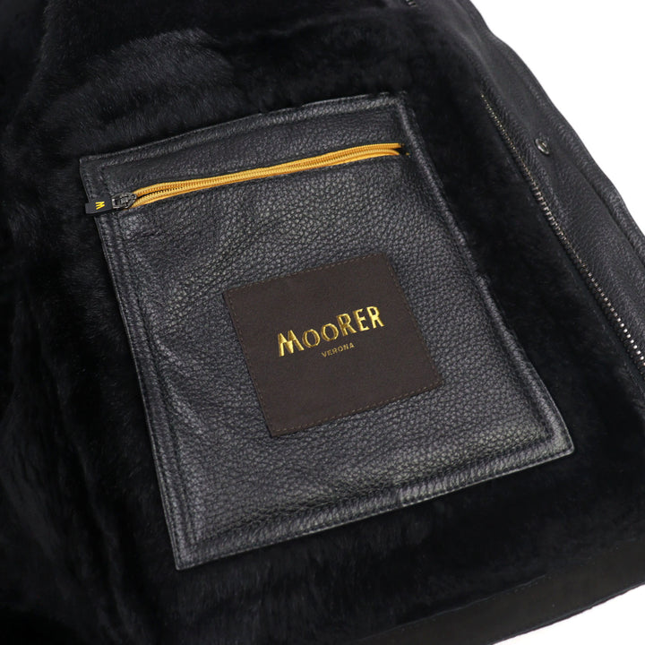 良品○MOORER ムーレー 20AW ETTORE-ME レザー ロゴタブ スタンドカラー ダブルジップ ムートンジャケット 濃茶 46 正規品 メンズ
