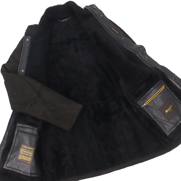 良品○MOORER ムーレー 20AW ETTORE-ME レザー ロゴタブ スタンドカラー ダブルジップ ムートンジャケット 濃茶 46 正規品 メンズ