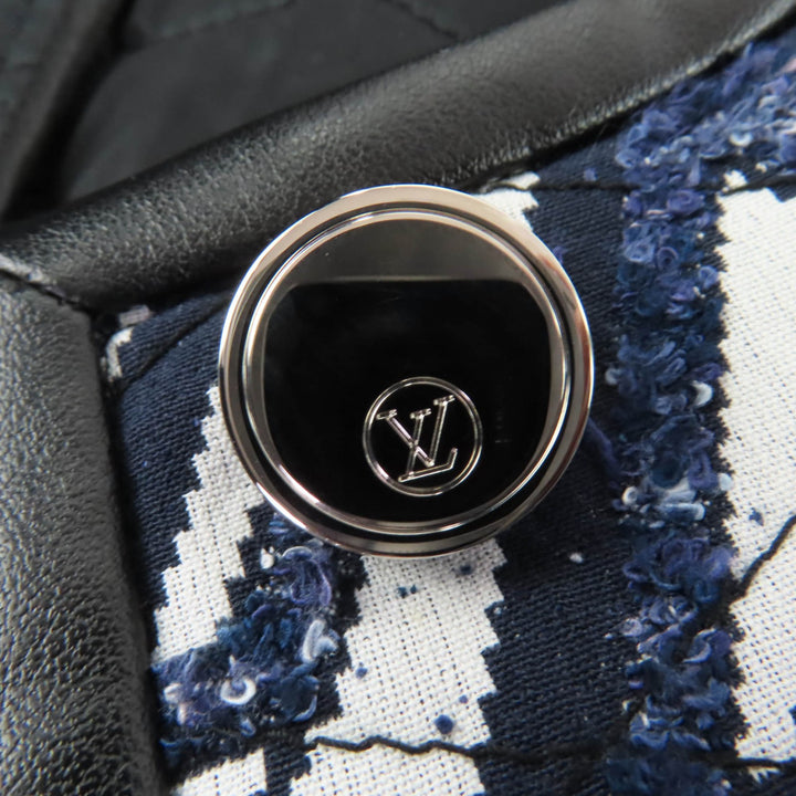 極美品☆LOUIS VUITTON ルイヴィトン レザーパイピング モノグラムフリンジ ノーカラーコート ホワイト インディゴ 34 イタリア製 正規品