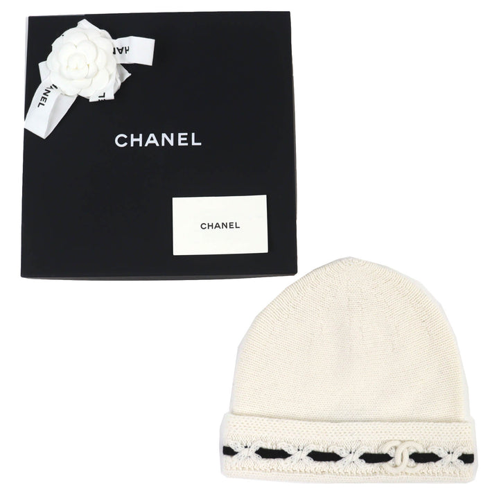 未使用品△CHANEL シャネル AAB112 カシミヤ100% ココマーク ニット帽 ニットキャップ ホワイト ブラック 箱付 英国製 正規品 レディース