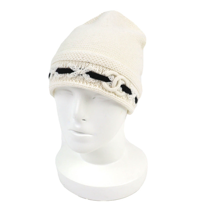 未使用品△CHANEL シャネル AAB112 カシミヤ100% ココマーク ニット帽 ニットキャップ ホワイト ブラック 箱付 英国製 正規品 レディース