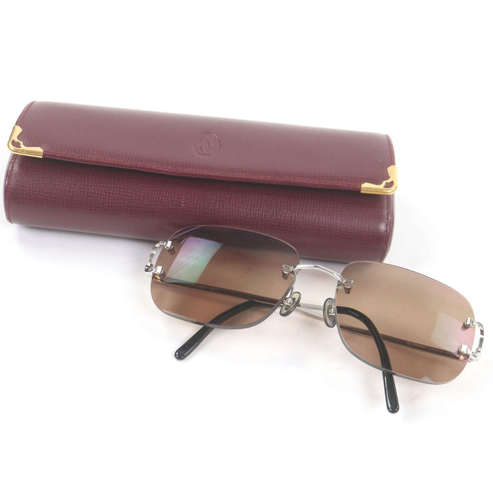 美品□Cartier カルティエ 135 2Cデコール ツーポイント サングラス シルバー ブラウン系レンズ □17 度入り ケース付 フランス製 メンズ