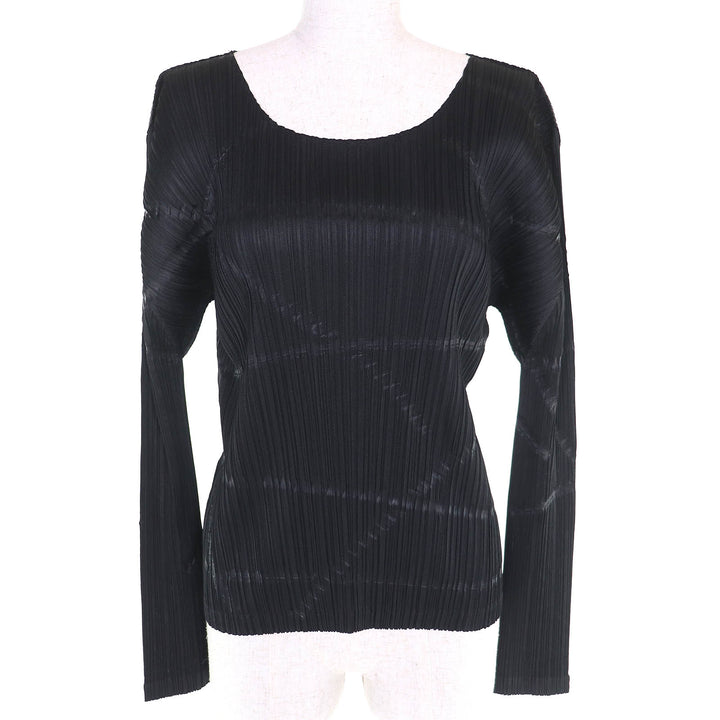 極美品△PLEATS PLEASE プリーツプリーズ イッセイミヤケ PP43-JK785 総柄 クルーネック 長袖 カットソー トップス ブラック 4 正規品