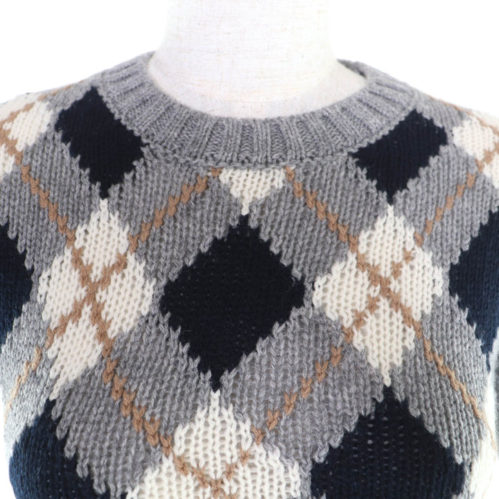 極美品★PRADA プラダ P24T2P カシミヤ100％ ロゴ刺繍入り アーガイル 半袖ニット グレー 36 イタリア製 正規品 レディース 定価319000円