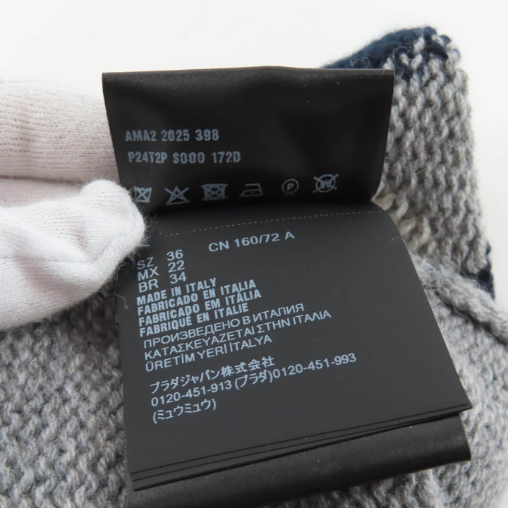 極美品★PRADA プラダ P24T2P カシミヤ100％ ロゴ刺繍入り アーガイル 半袖ニット グレー 36 イタリア製 正規品 レディース 定価319000円